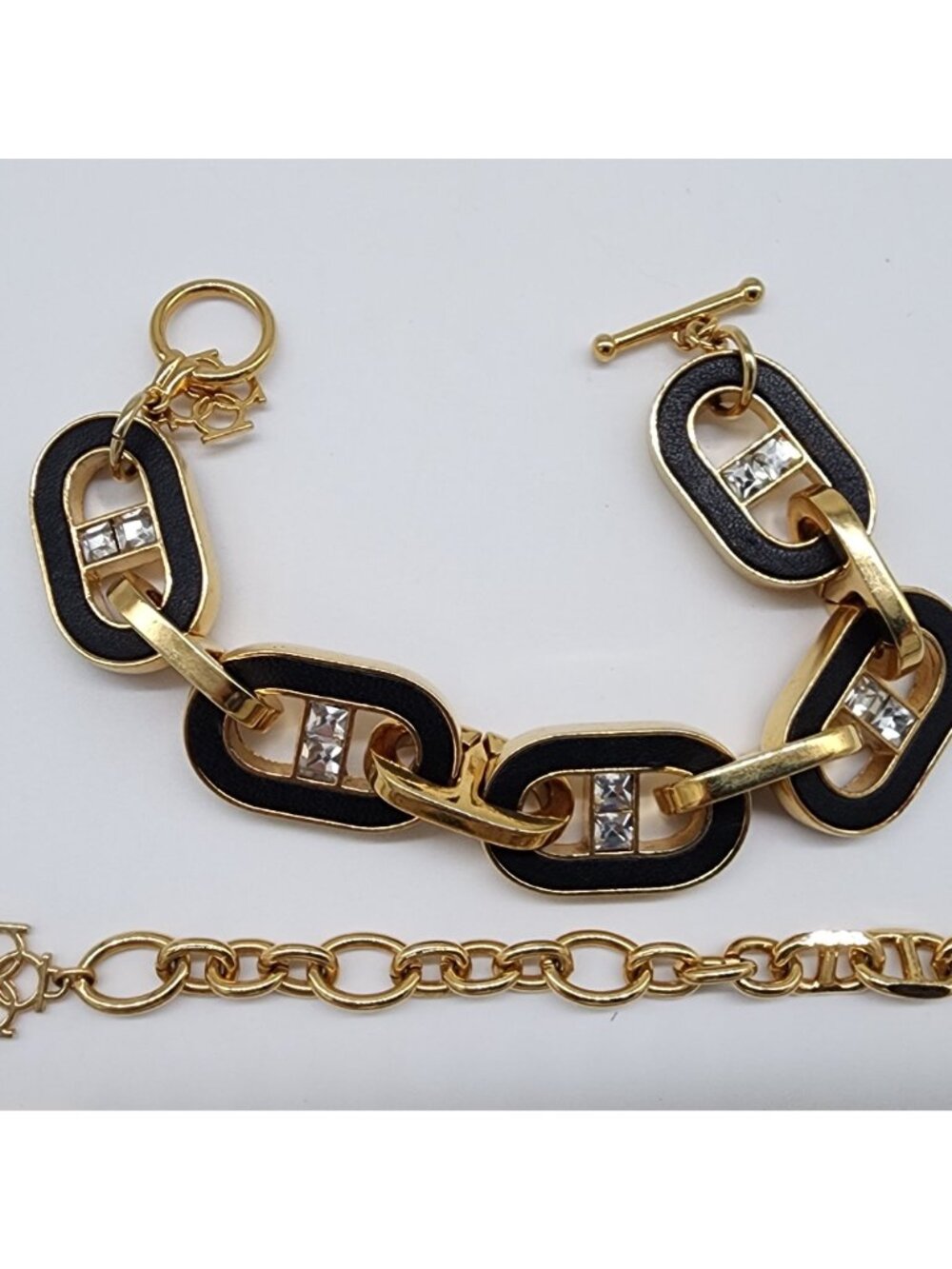 Ann Taylor Bracelet & Necklace Set Inlay Black Leather Gold Tone Chunky Chain VT - Picture 5 of 9